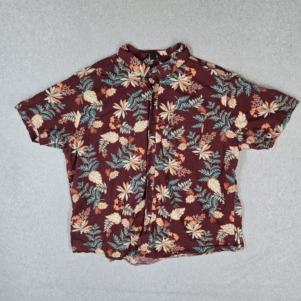 Eddie Bauer Men Button Up Shirt 2XL Burgundy Casual Shirt Floral Baja Hawaiian